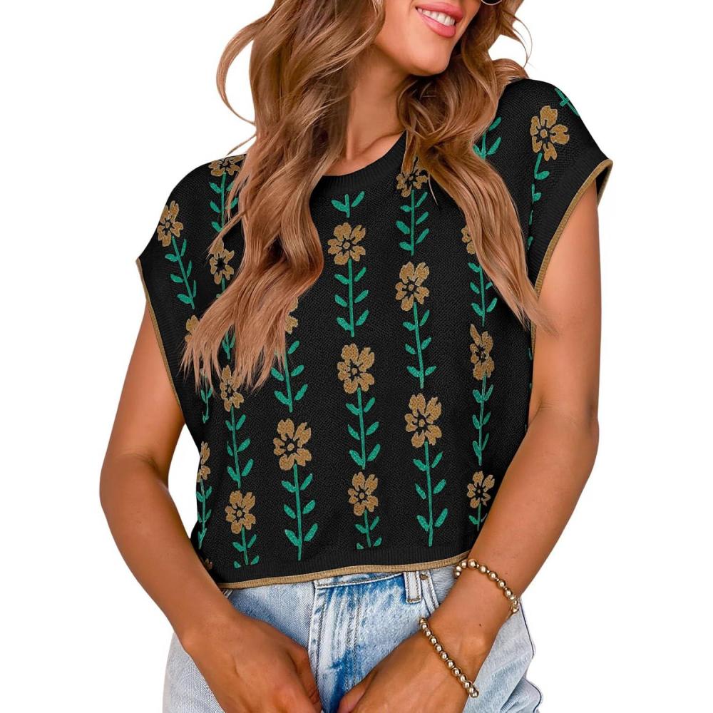 imageSaodimallsu Womens Cap Sleeve Crop Tops Summer Color Block Going Out Crew Neck Knit Trendy Casual SweaterBlacka