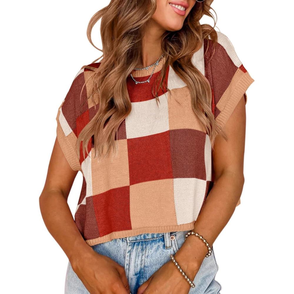 imageSaodimallsu Womens Cap Sleeve Crop Tops Summer Color Block Going Out Crew Neck Knit Trendy Casual SweaterBrown