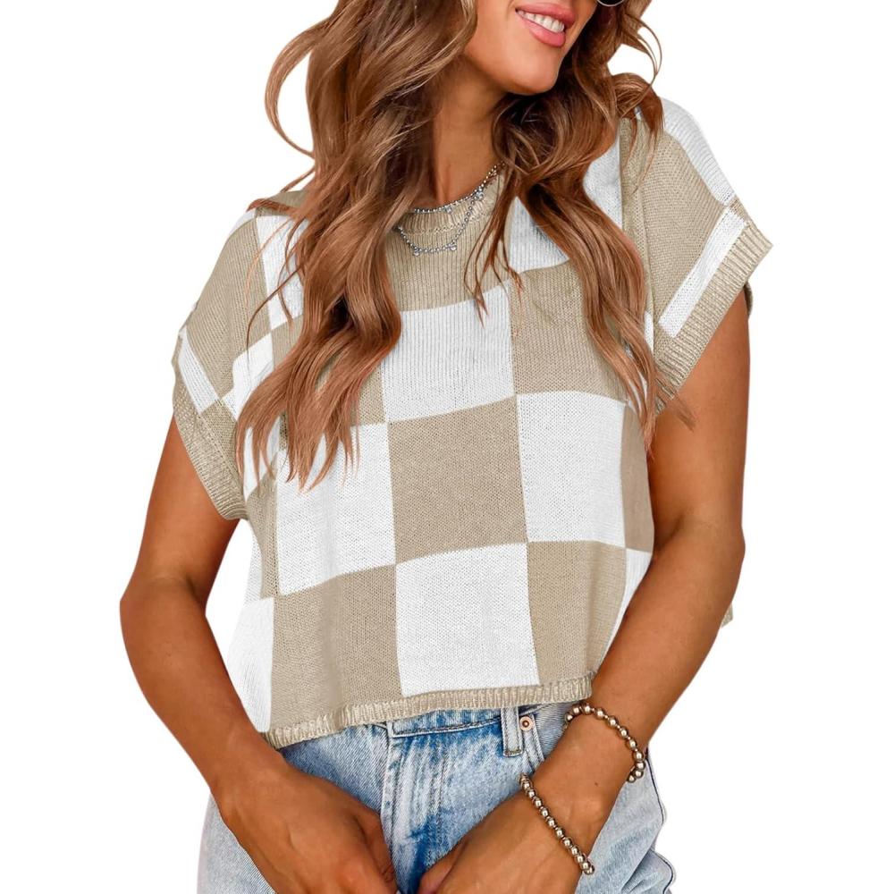 imageSaodimallsu Womens Cap Sleeve Crop Tops Summer Color Block Going Out Crew Neck Knit Trendy Casual SweaterKhaki1