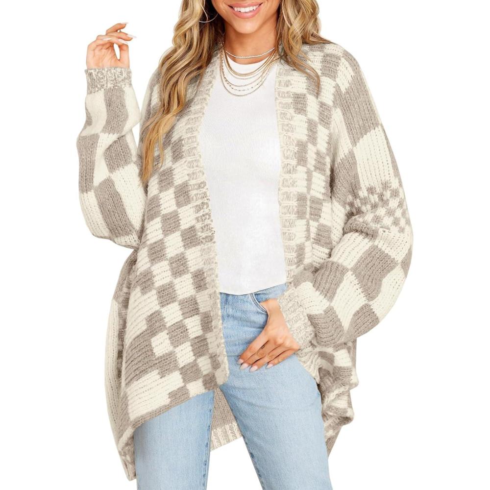 imageSaodimallsu Womens Checkered Sweater Color Block Plaid Cardigans Oversized Long Sleeve Knit Open Front CoatsBeigecamel