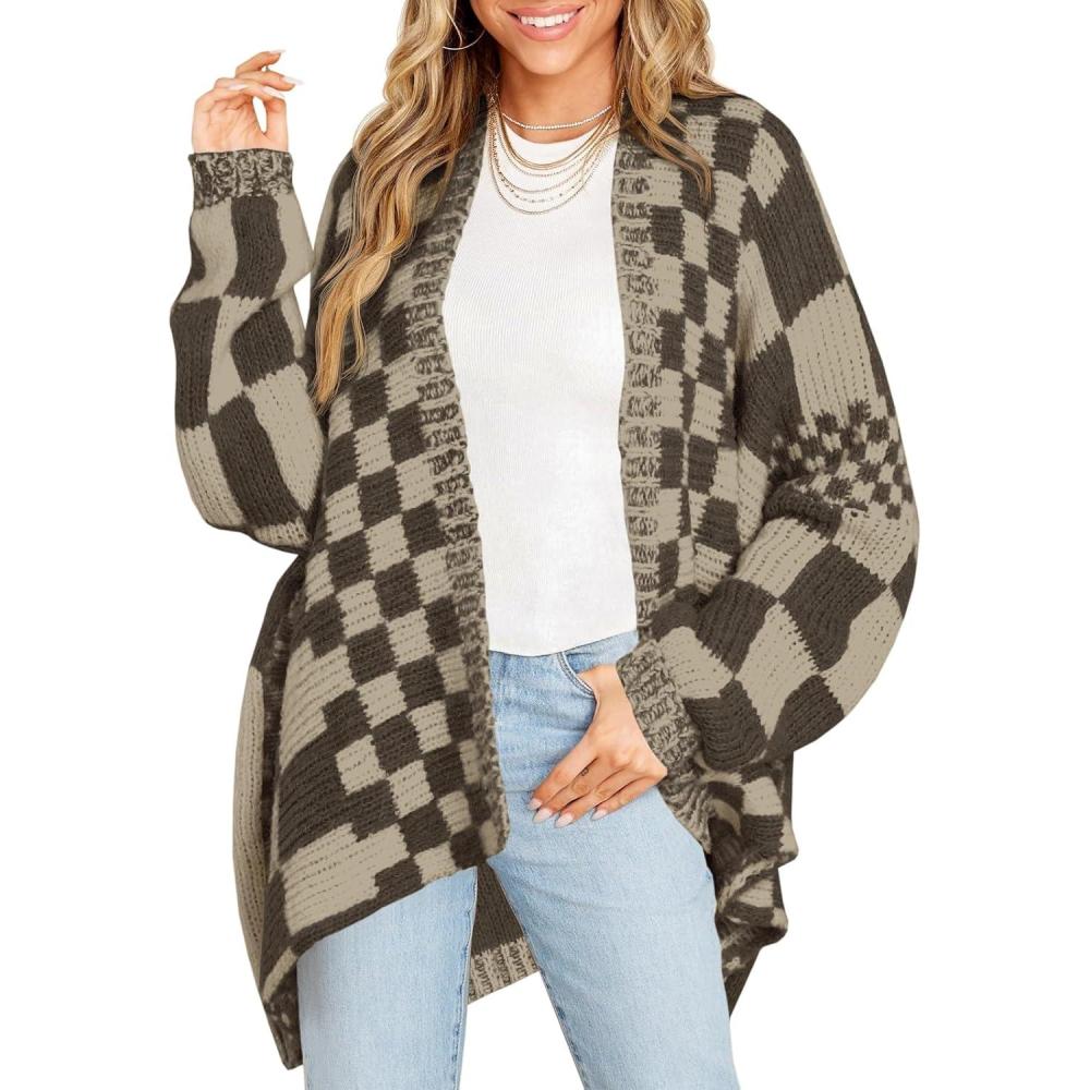 imageSaodimallsu Womens Checkered Sweater Color Block Plaid Cardigans Oversized Long Sleeve Knit Open Front CoatsCoffee
