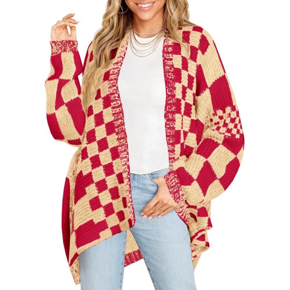 imageSaodimallsu Womens Checkered Sweater Color Block Plaid Cardigans Oversized Long Sleeve Knit Open Front CoatsRedyellow