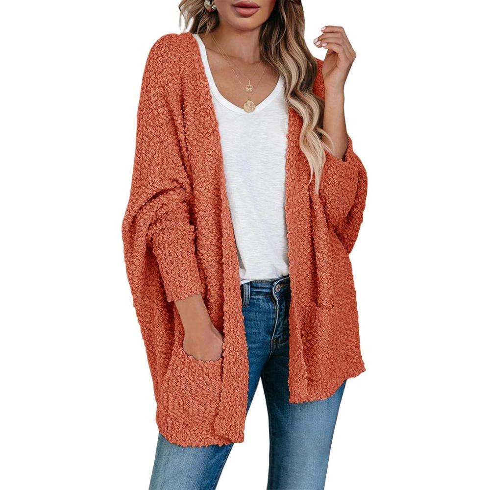 imageSaodimallsu Womens Chunky Popcorn Cardigan Oversized Open Front Boyfriend Batwing Long Sleeve Fuzzy Knit SweatersBrick Red