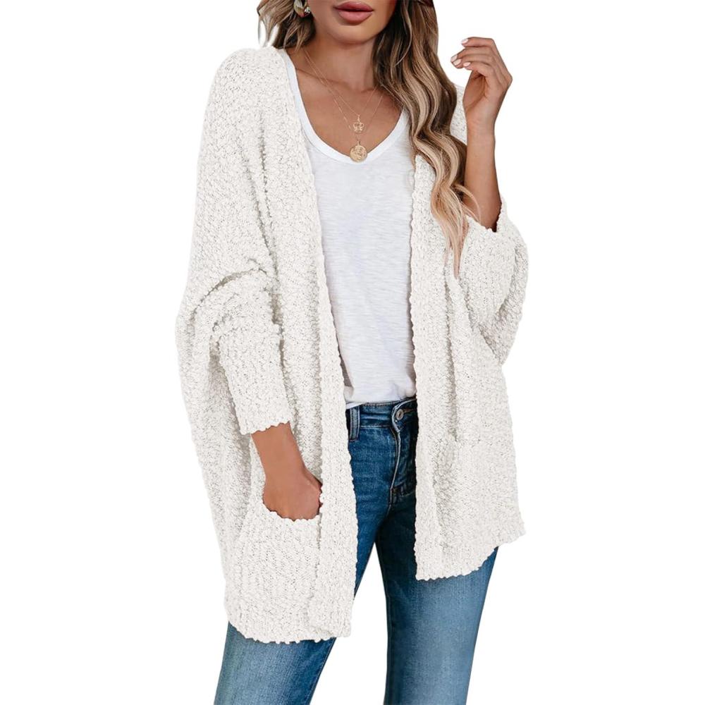 imageSaodimallsu Womens Chunky Popcorn Cardigan Oversized Open Front Boyfriend Batwing Long Sleeve Fuzzy Knit SweatersWhite