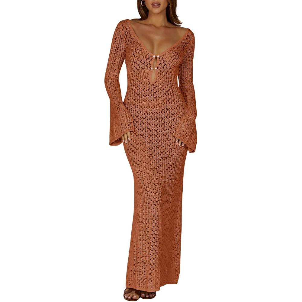 imageSaodimallsu Womens Crochet Maxi Cover Up Dress Beach Swim Vacation Coverups Long Sleeve Sexy Bodycon Summer Knit DressesBrick Red