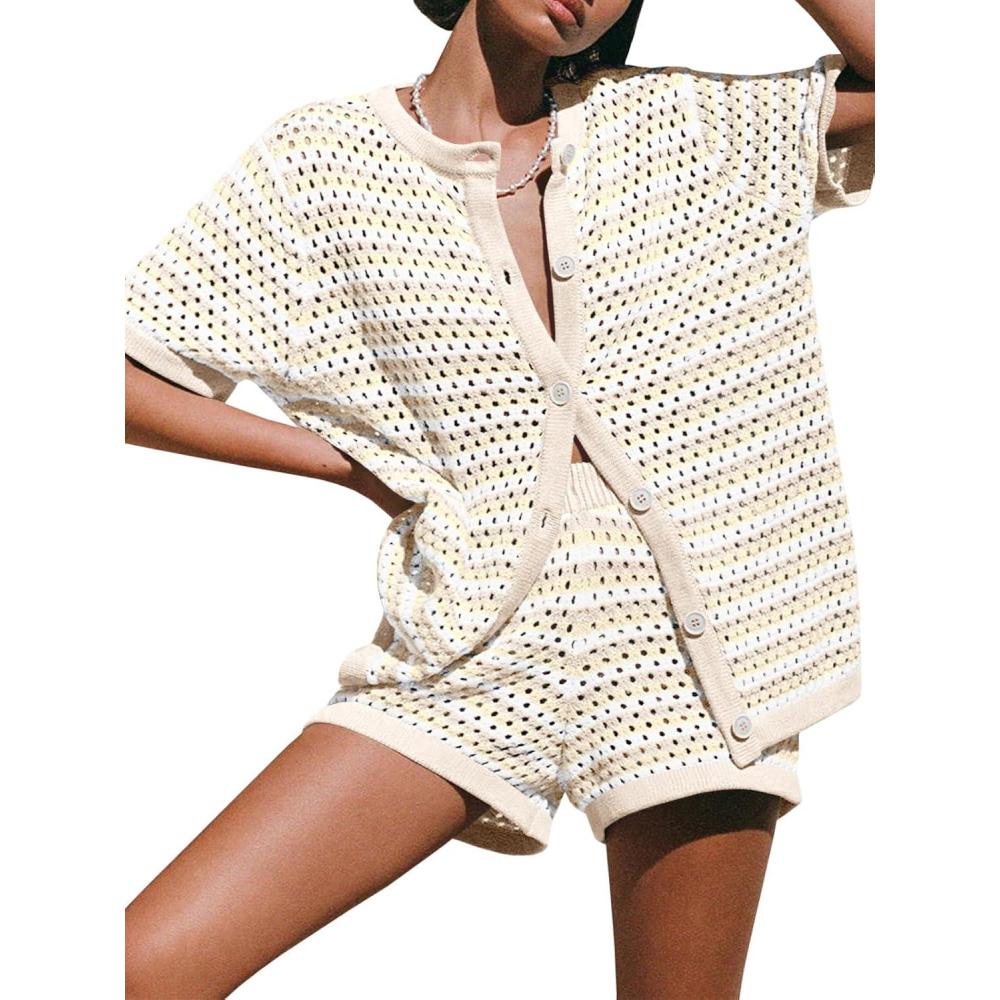imageSaodimallsu Womens Crochet Swimsuit Coverup Summer Beach Sets Striped Knit Short Sleeve Button Shirts 2 Piece Short SetApricot
