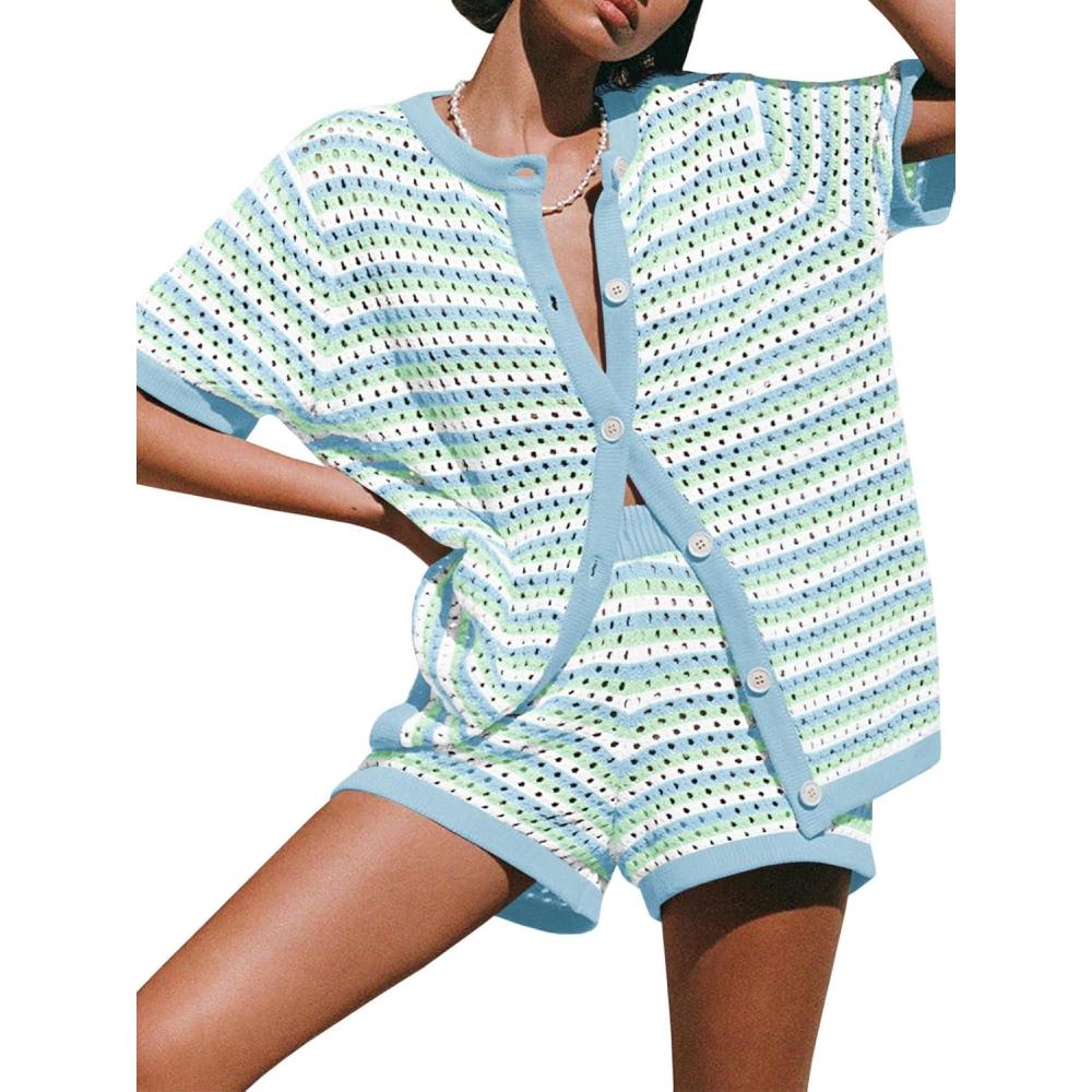 imageSaodimallsu Womens Crochet Swimsuit Coverup Summer Beach Sets Striped Knit Short Sleeve Button Shirts 2 Piece Short SetBlue