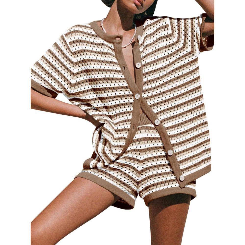 imageSaodimallsu Womens Crochet Swimsuit Coverup Summer Beach Sets Striped Knit Short Sleeve Button Shirts 2 Piece Short SetBrown
