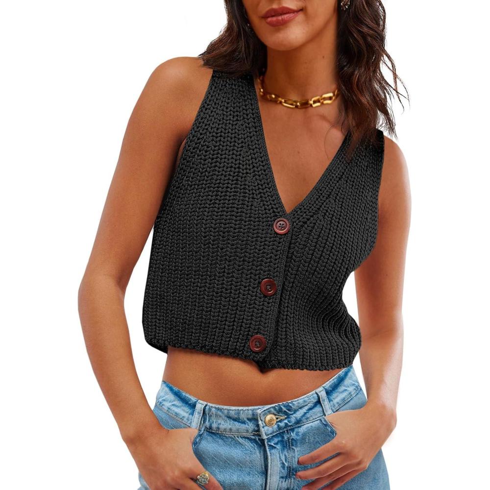 imageSaodimallsu Womens Cropped Sweater Vest V Neck Button Down Y2k Crop Knit Summer Trendy Sleeveless Chunky Tank TopsBlack