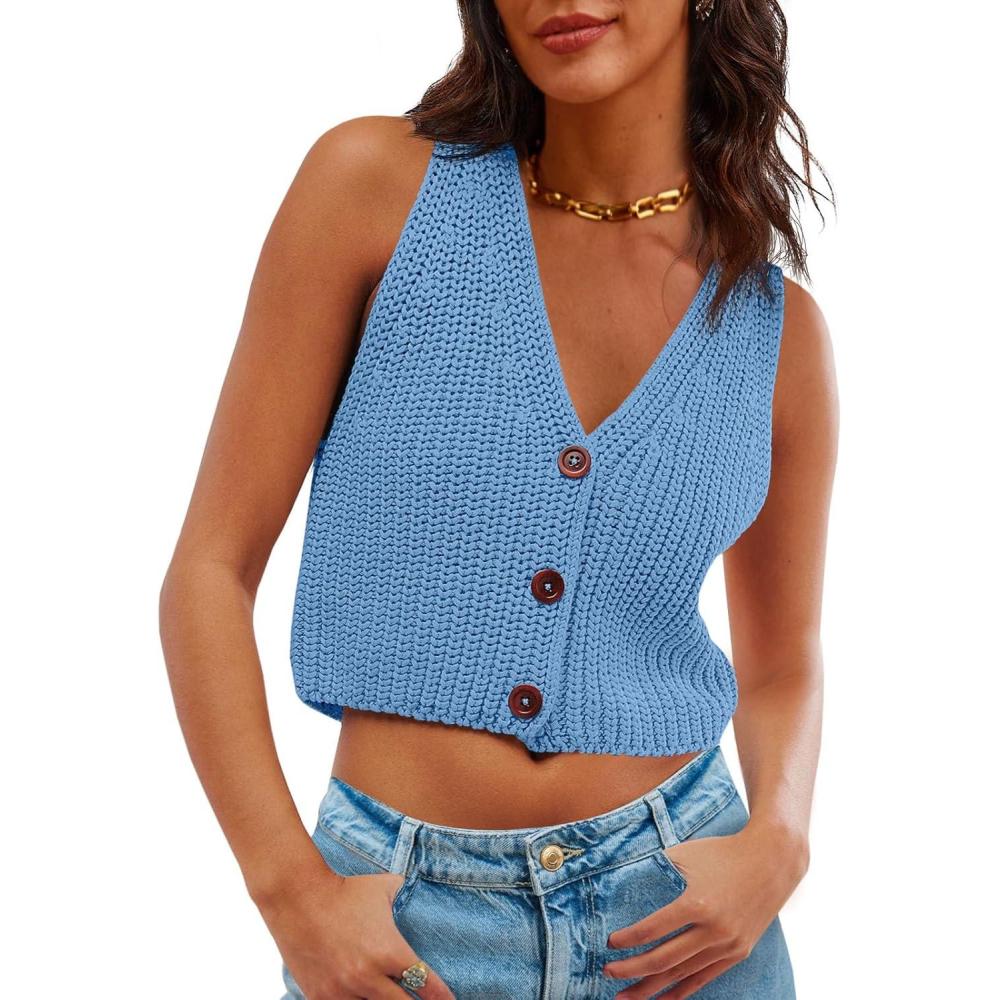 imageSaodimallsu Womens Cropped Sweater Vest V Neck Button Down Y2k Crop Knit Summer Trendy Sleeveless Chunky Tank TopsBlue