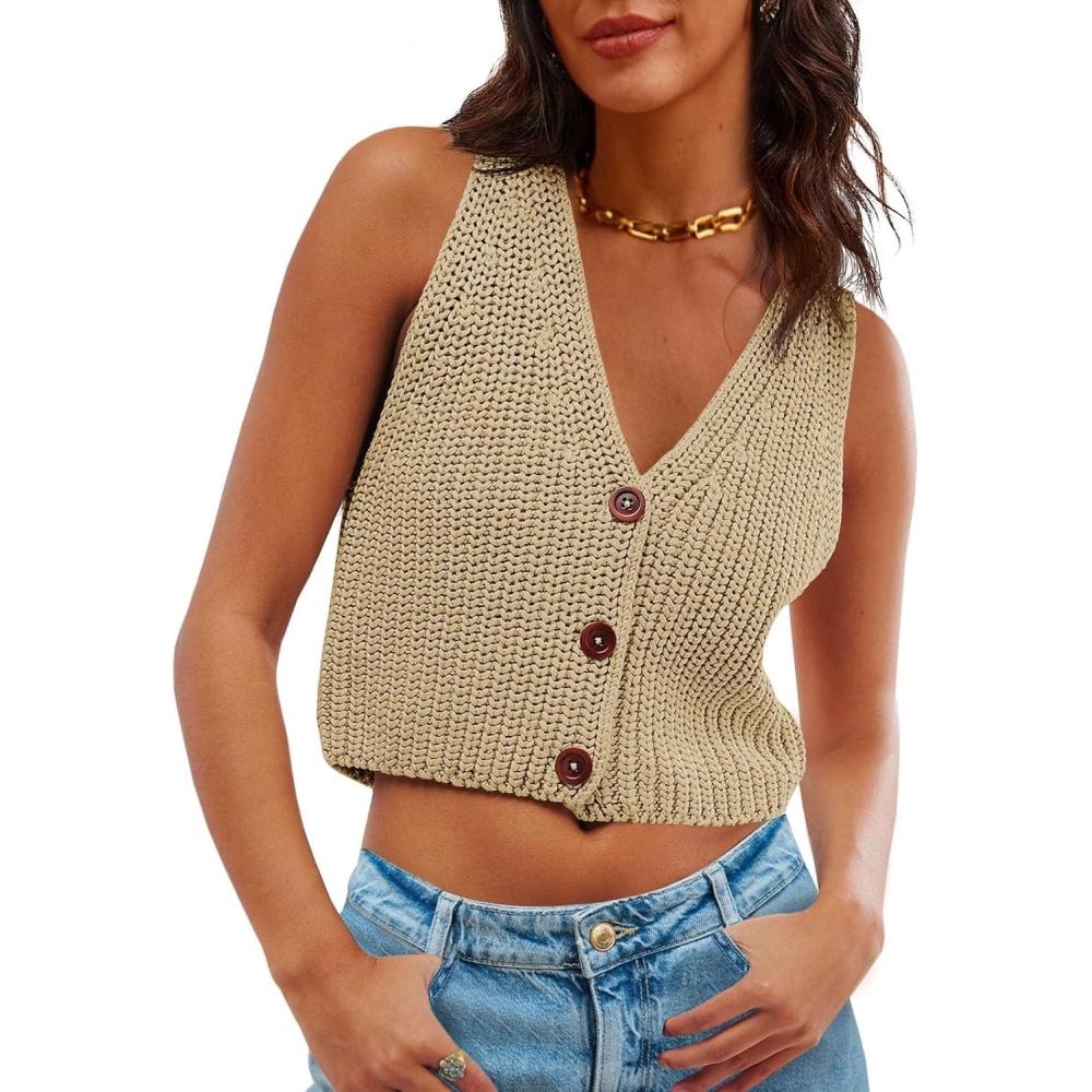 imageSaodimallsu Womens Cropped Sweater Vest V Neck Button Down Y2k Crop Knit Summer Trendy Sleeveless Chunky Tank TopsDark Khaki