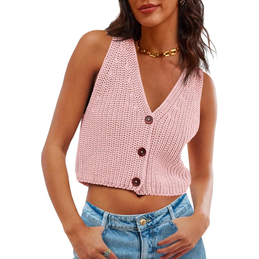 imageSaodimallsu Womens Cropped Sweater Vest V Neck Button Down Y2k Crop Knit Summer Trendy Sleeveless Chunky Tank TopsPink