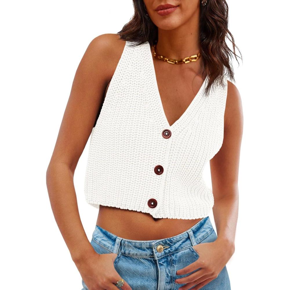 imageSaodimallsu Womens Cropped Sweater Vest V Neck Button Down Y2k Crop Knit Summer Trendy Sleeveless Chunky Tank TopsWhite