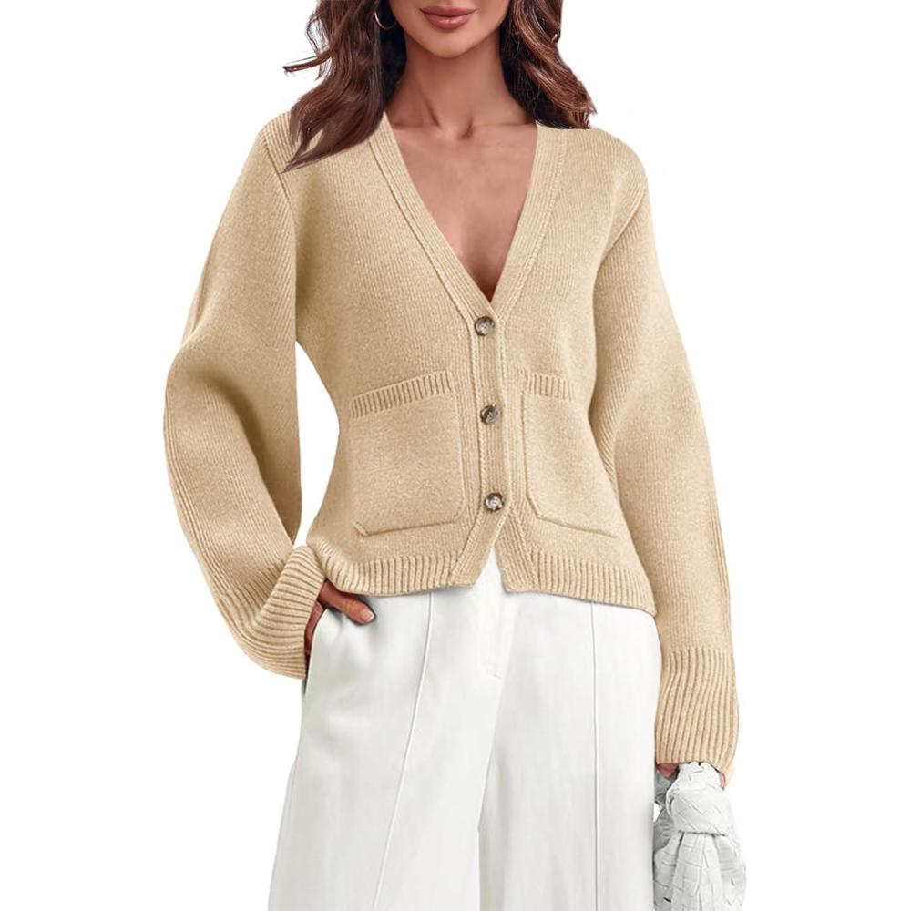 imageSaodimallsu Womens Deep V Neck Cardigan Sweaters Open Front Button Down Long Sleeve Cropped Knit Coats with PocketsApricot