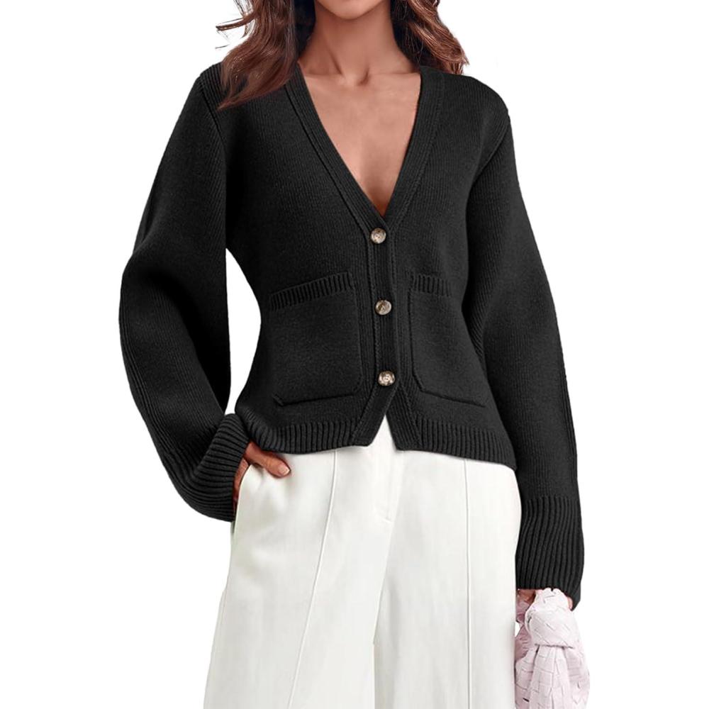 imageSaodimallsu Womens Deep V Neck Cardigan Sweaters Open Front Button Down Long Sleeve Cropped Knit Coats with PocketsBlack