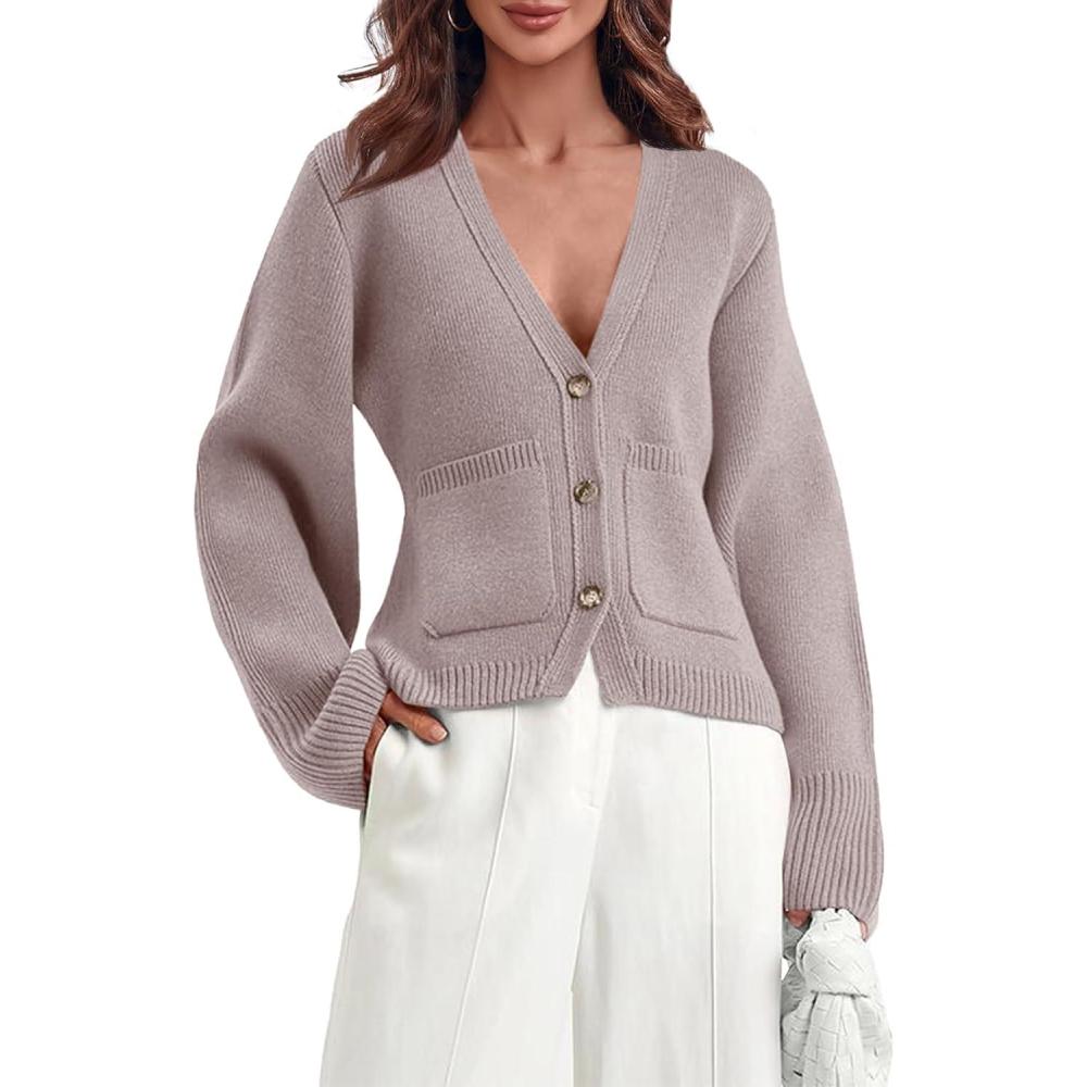 imageSaodimallsu Womens Deep V Neck Cardigan Sweaters Open Front Button Down Long Sleeve Cropped Knit Coats with PocketsCamel