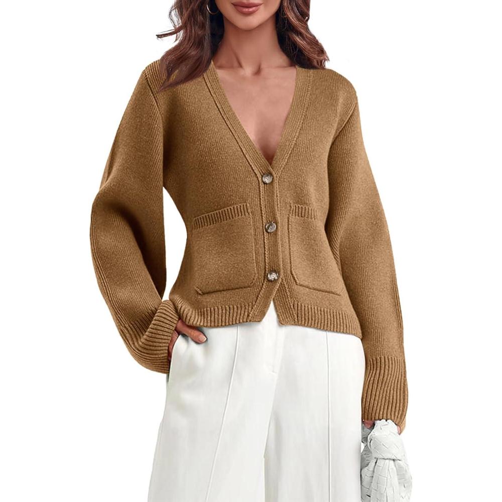 imageSaodimallsu Womens Deep V Neck Cardigan Sweaters Open Front Button Down Long Sleeve Cropped Knit Coats with PocketsDark Khaki