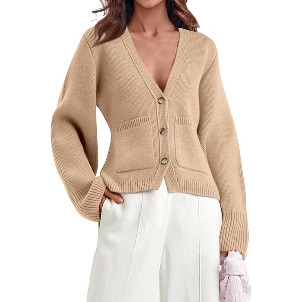 imageSaodimallsu Womens Deep V Neck Cardigan Sweaters Open Front Button Down Long Sleeve Cropped Knit Coats with PocketsKhaki