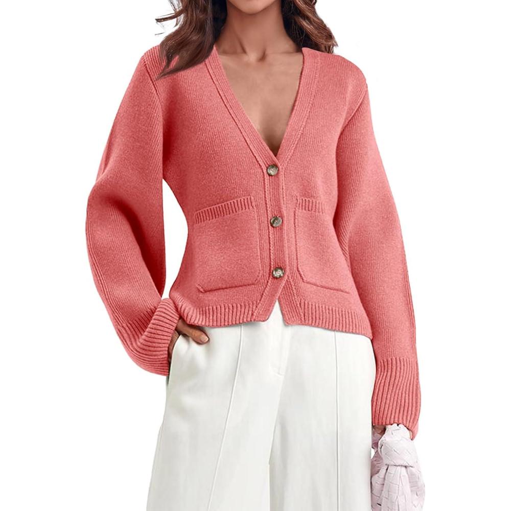 imageSaodimallsu Womens Deep V Neck Cardigan Sweaters Open Front Button Down Long Sleeve Cropped Knit Coats with PocketsPink