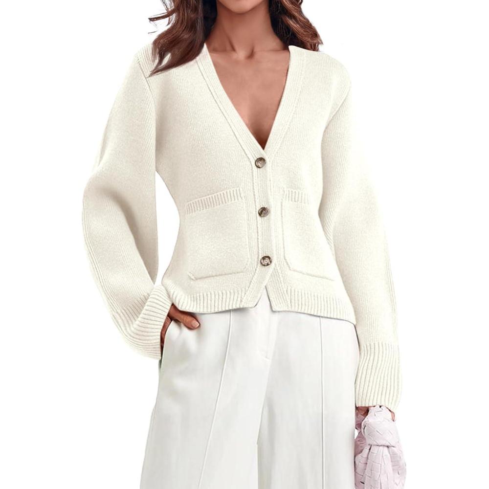 imageSaodimallsu Womens Deep V Neck Cardigan Sweaters Open Front Button Down Long Sleeve Cropped Knit Coats with PocketsWhite