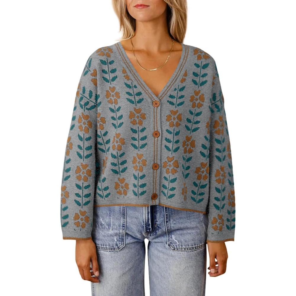 imageSaodimallsu Womens Floral Print V Neck Cardigan Open Front Button Down Knit Sweater Long Sleeve Loose Fashion TopsDark Gray