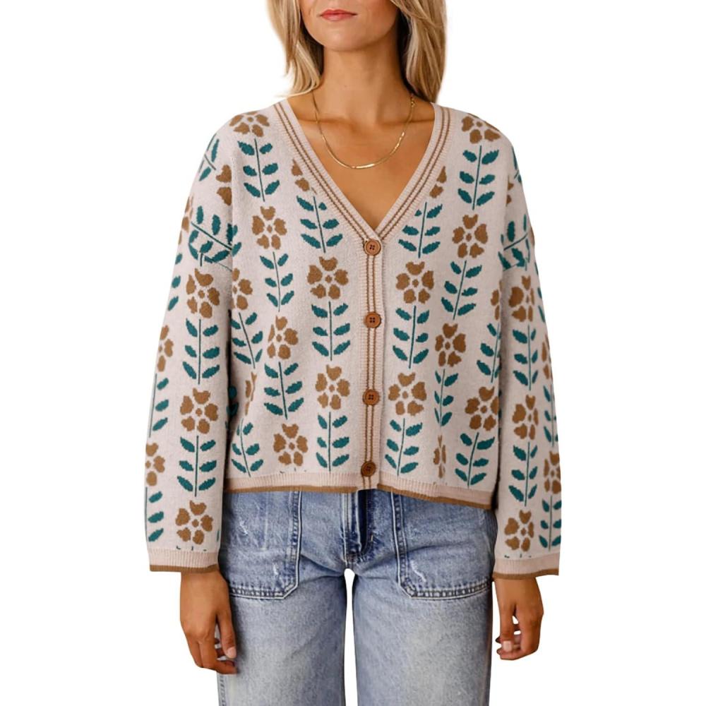 imageSaodimallsu Womens Floral Print V Neck Cardigan Open Front Button Down Knit Sweater Long Sleeve Loose Fashion TopsNude Pink