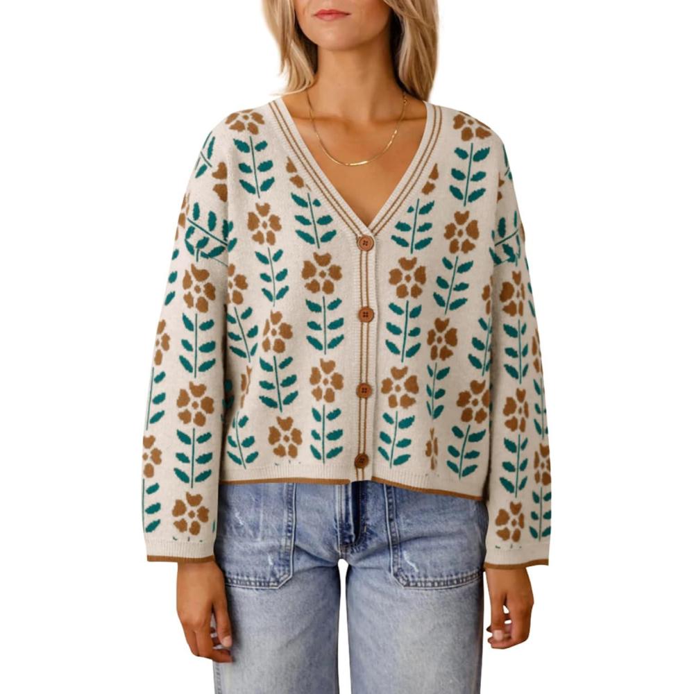 imageSaodimallsu Womens Floral Print V Neck Cardigan Open Front Button Down Knit Sweater Long Sleeve Loose Fashion TopsOffwhite
