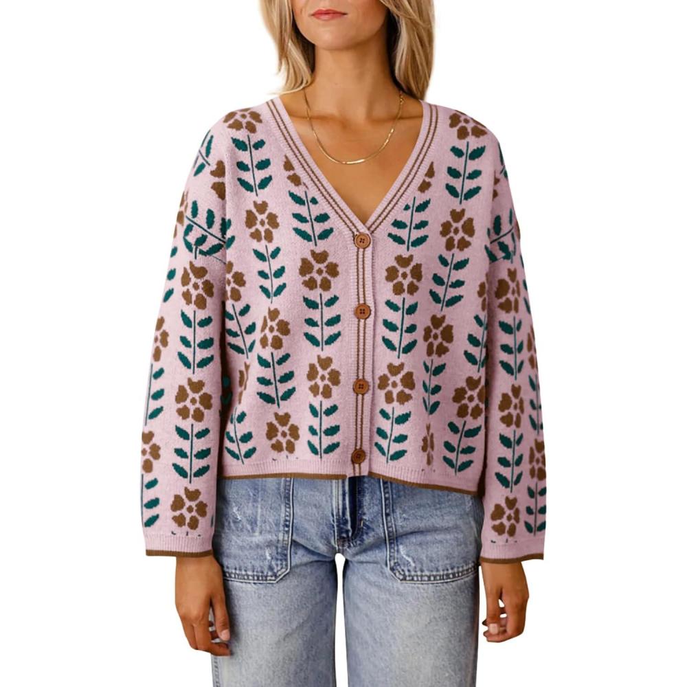 imageSaodimallsu Womens Floral Print V Neck Cardigan Open Front Button Down Knit Sweater Long Sleeve Loose Fashion TopsPink