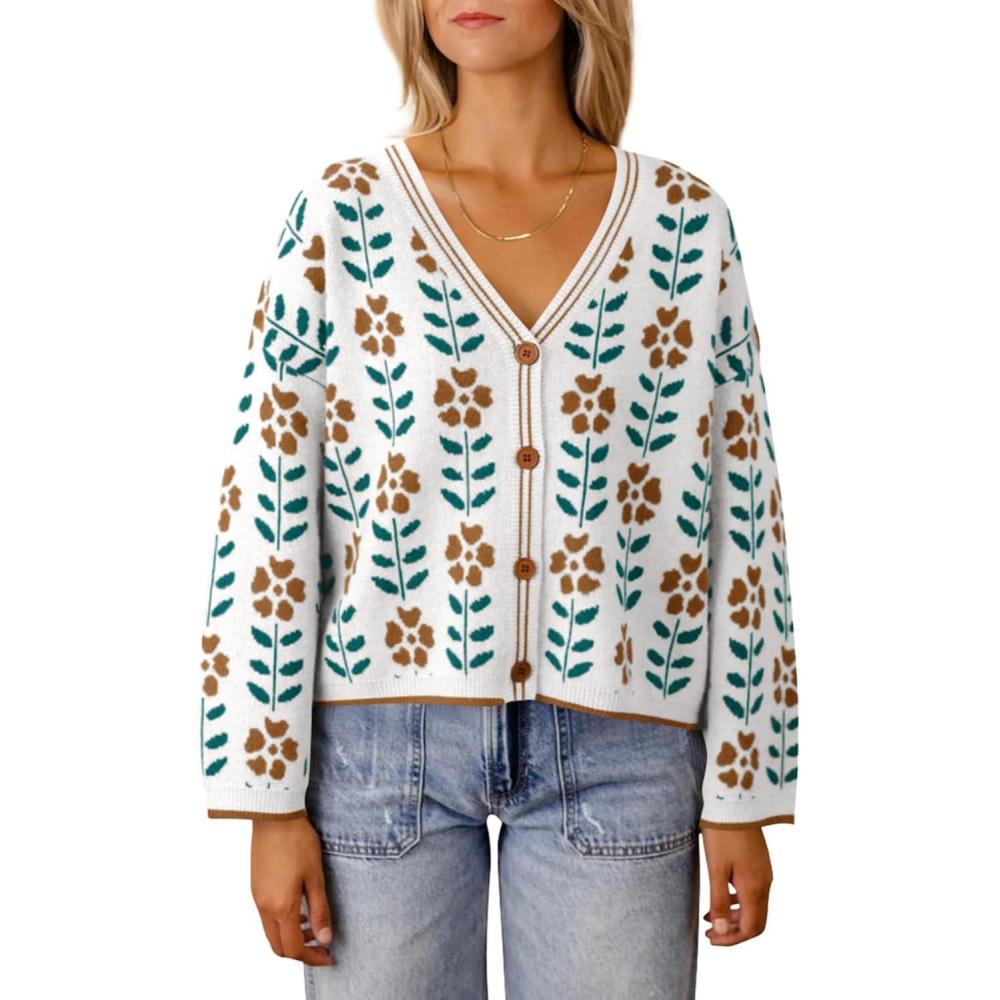 imageSaodimallsu Womens Floral Print V Neck Cardigan Open Front Button Down Knit Sweater Long Sleeve Loose Fashion TopsWhite