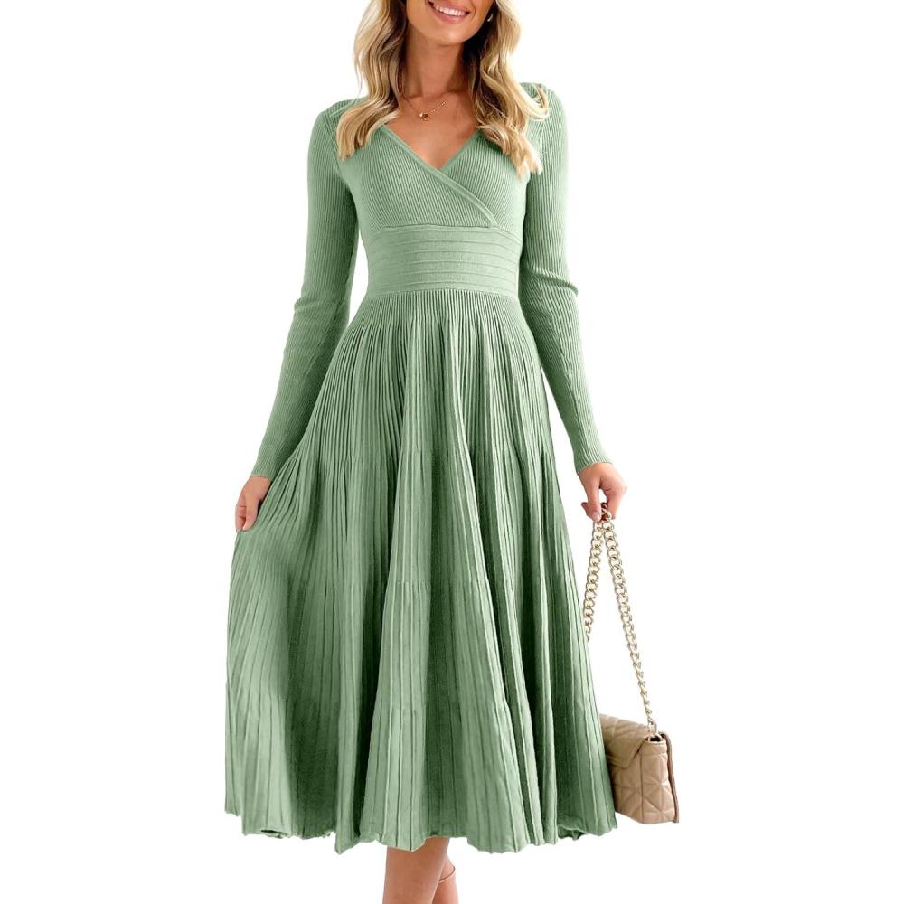 imageSaodimallsu Womens Long Sleeve Midi Sweater Dress Wrap V Neck Pleated A Line Fit Flare Elegant Knit Maxi DressLight Green