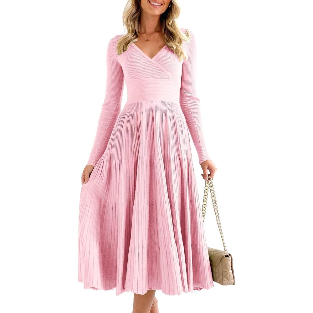 imageSaodimallsu Womens Long Sleeve Midi Sweater Dress Wrap V Neck Pleated A Line Fit Flare Elegant Knit Maxi DressPink