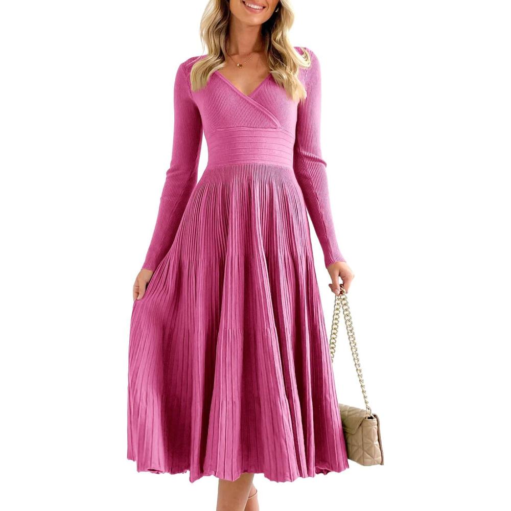 imageSaodimallsu Womens Long Sleeve Midi Sweater Dress Wrap V Neck Pleated A Line Fit Flare Elegant Knit Maxi DressRose Red