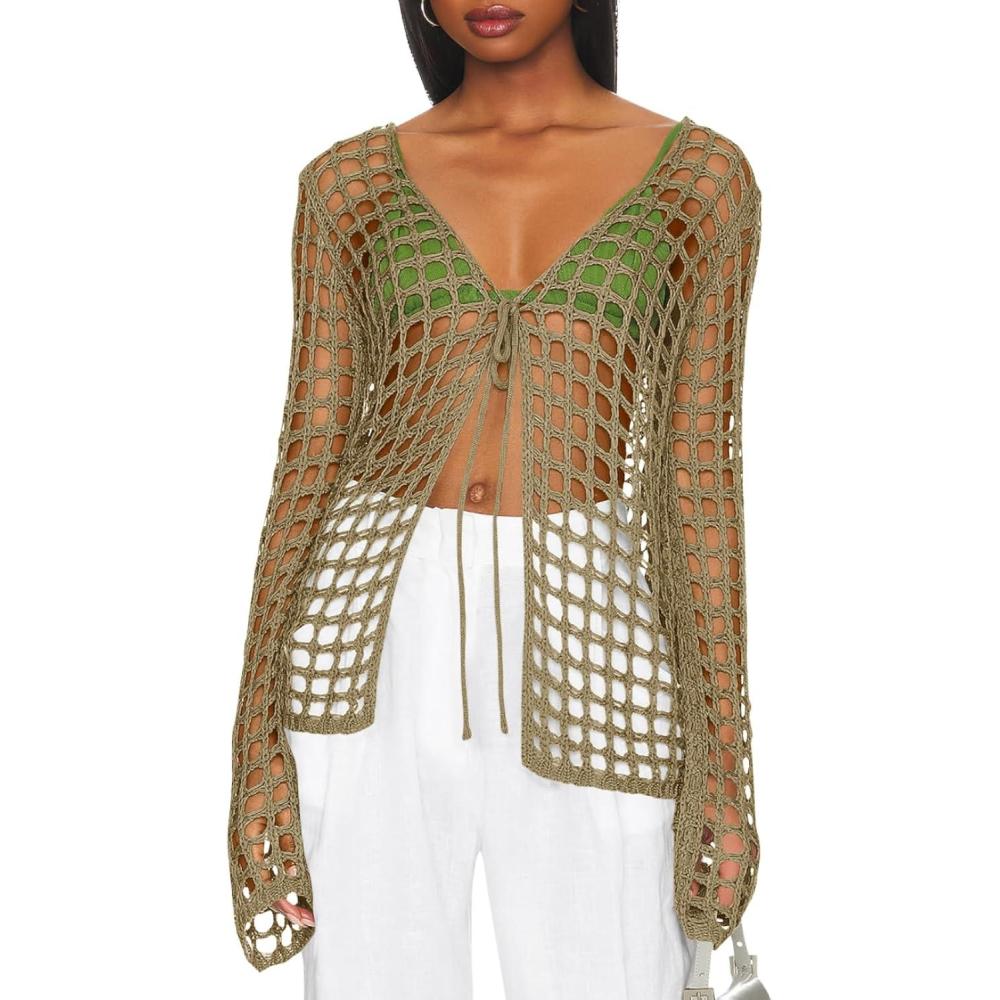 imageSaodimallsu Womens Long Sleeve Swimsuit Coverup Crochet Hollow Out Tie Front Swim Cover Up Knit CardiganCoffee