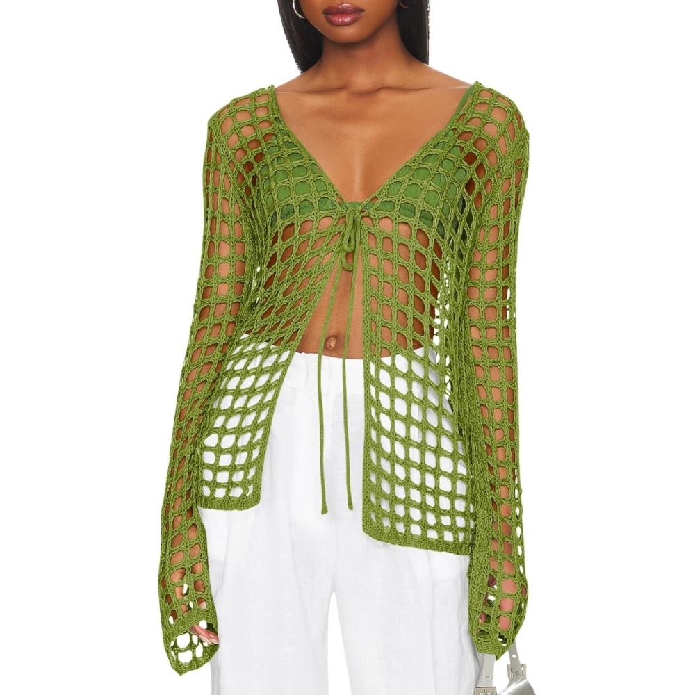 imageSaodimallsu Womens Long Sleeve Swimsuit Coverup Crochet Hollow Out Tie Front Swim Cover Up Knit CardiganGreen