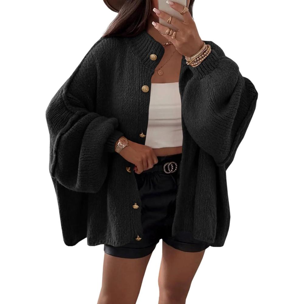 imageSaodimallsu Womens Oversized Cardigans Long Lantern Sleeve Button Down Chunky Knit Loose Fall Sweater CoatsBlack