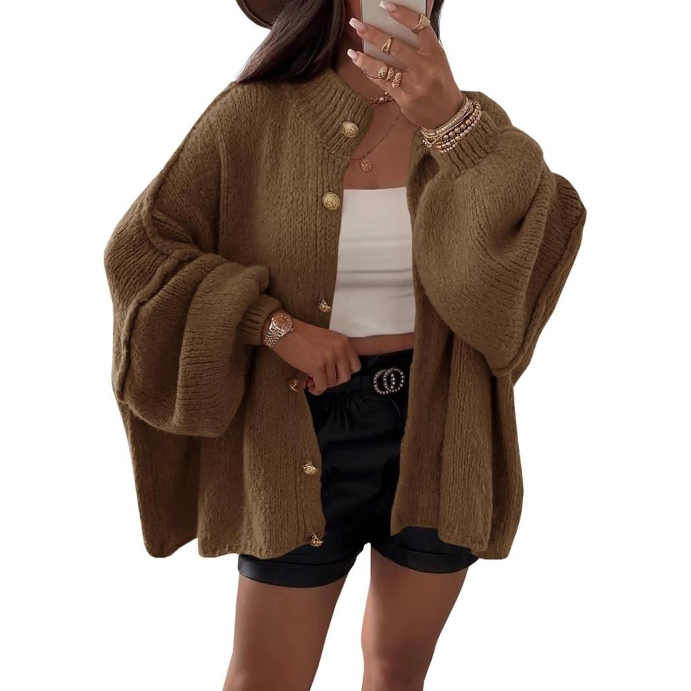 imageSaodimallsu Womens Oversized Cardigans Long Lantern Sleeve Button Down Chunky Knit Loose Fall Sweater CoatsCoffee