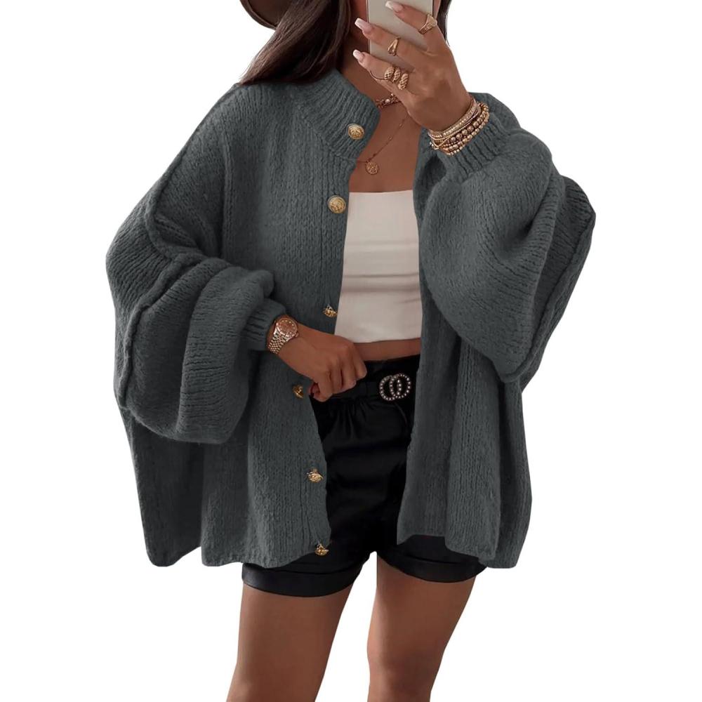 imageSaodimallsu Womens Oversized Cardigans Long Lantern Sleeve Button Down Chunky Knit Loose Fall Sweater CoatsDark Gray