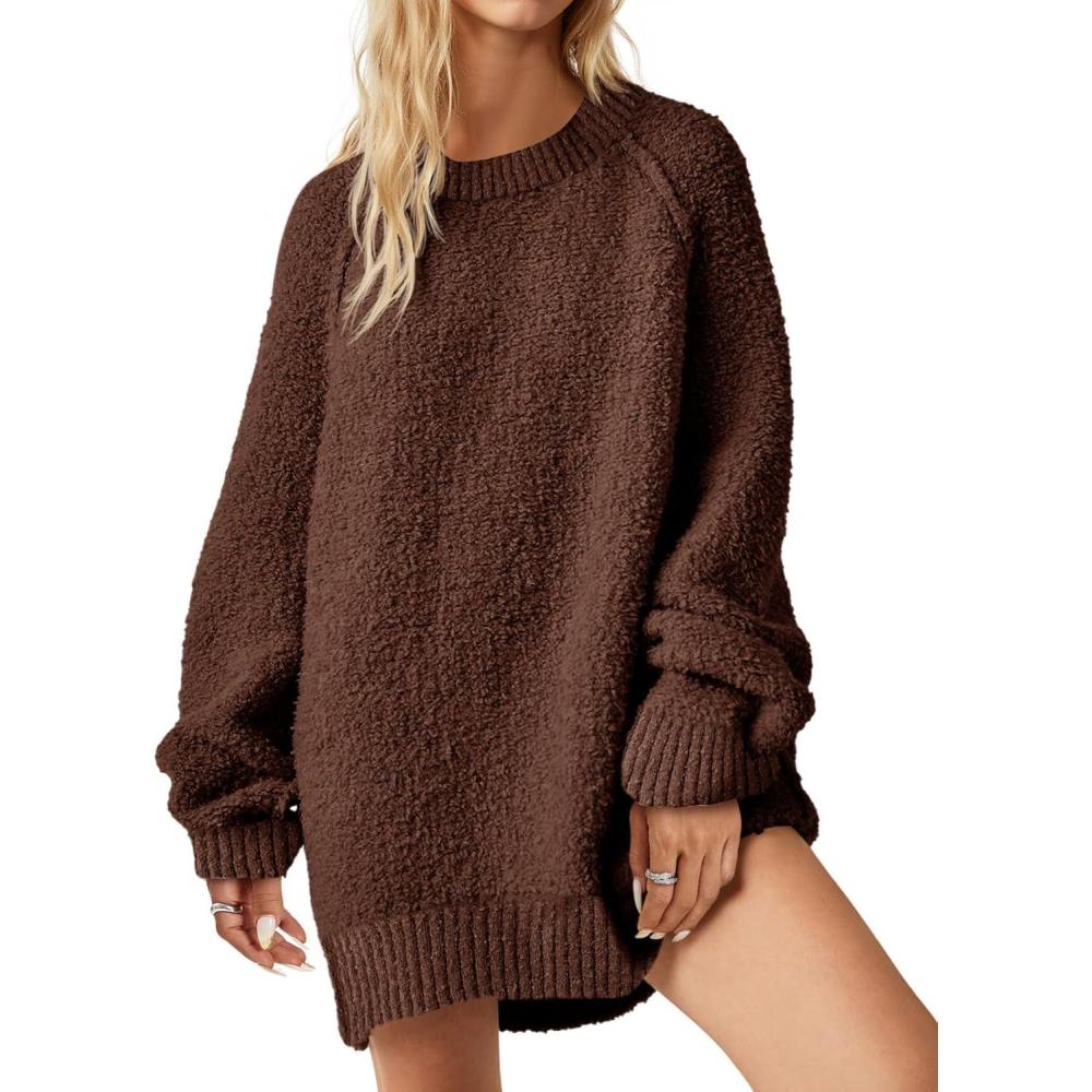 imageSaodimallsu Womens Oversized Sweater 2025 Fall Trendy Fuzzy Crew Neck Long Sleeve Casual Tunic SweatersBrown