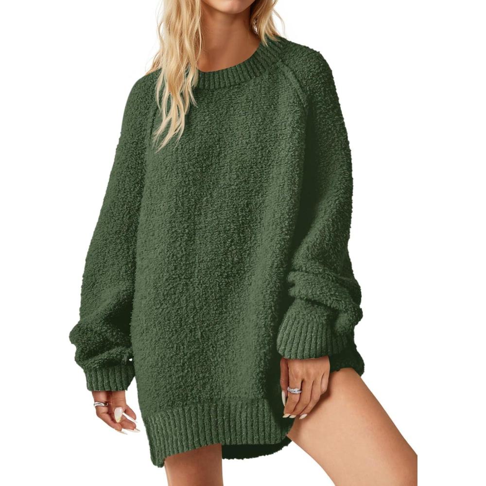 imageSaodimallsu Womens Oversized Sweater 2025 Fall Trendy Fuzzy Crew Neck Long Sleeve Casual Tunic SweatersGreen