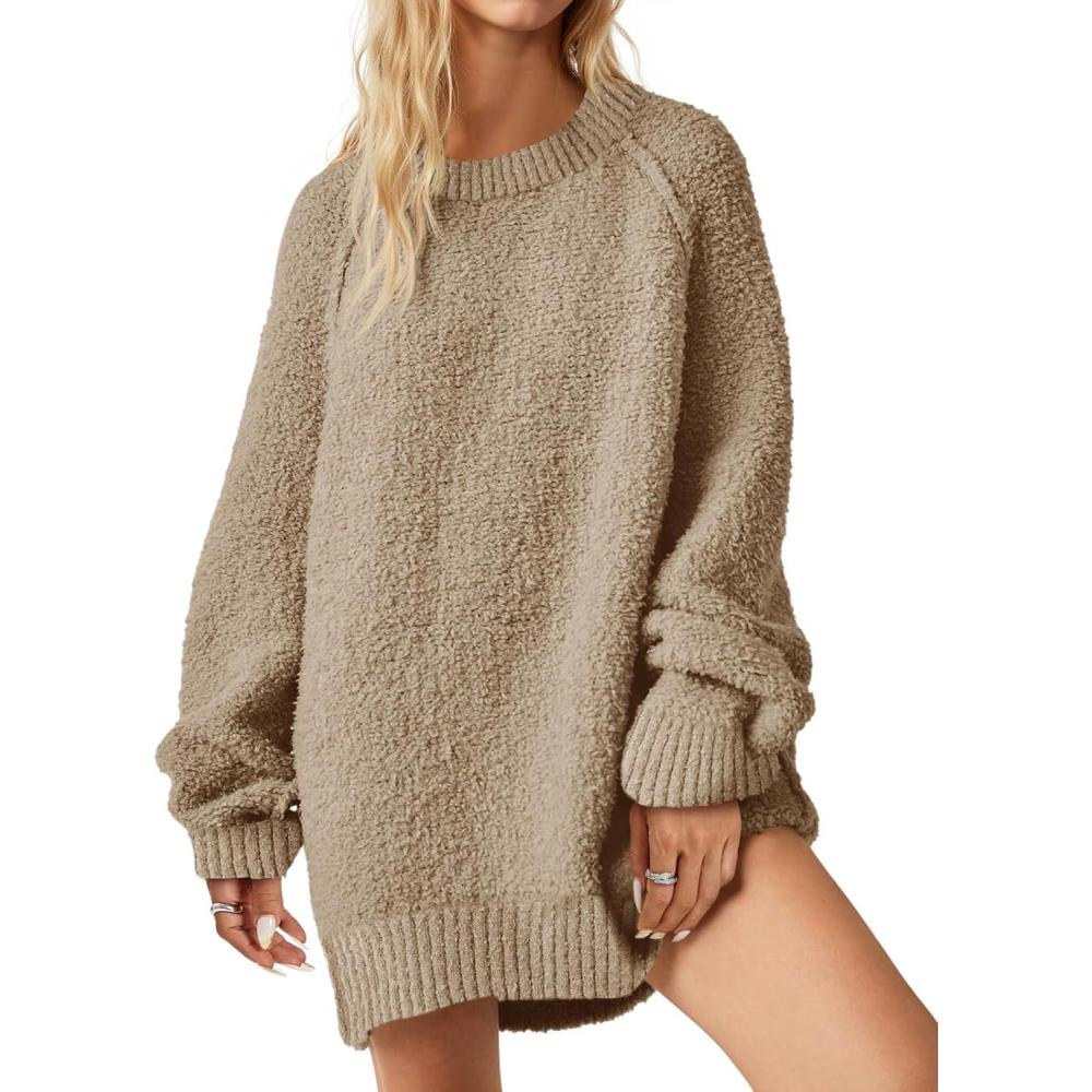 imageSaodimallsu Womens Oversized Sweater 2025 Fall Trendy Fuzzy Crew Neck Long Sleeve Casual Tunic SweatersKhaki