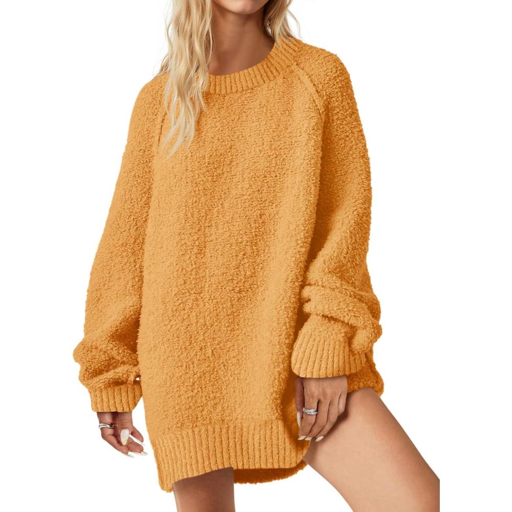 imageSaodimallsu Womens Oversized Sweater 2025 Fall Trendy Fuzzy Crew Neck Long Sleeve Casual Tunic SweatersOrange
