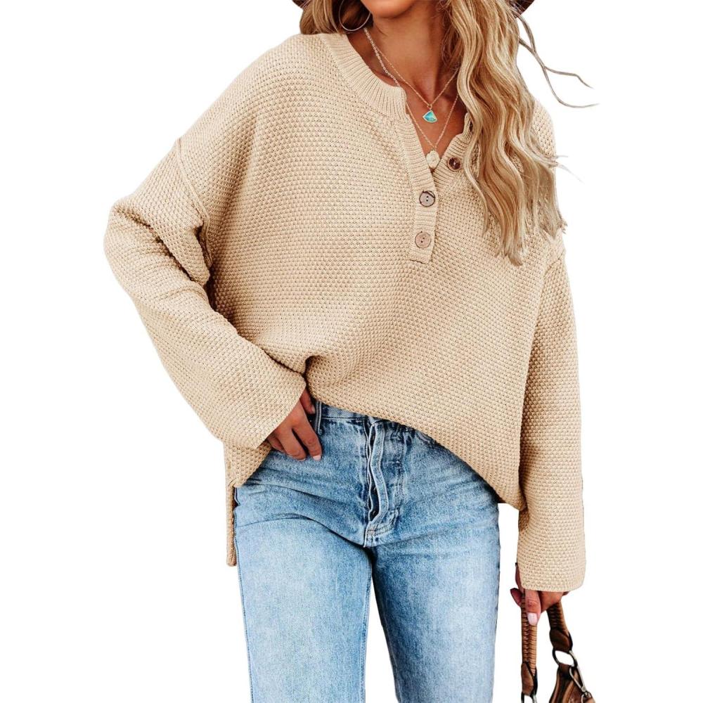 imageSaodimallsu Womens Oversized Sweaters Batwing Long Sleeve Loose V Neck Button Henley Tops Pullover Knit JumperApricot