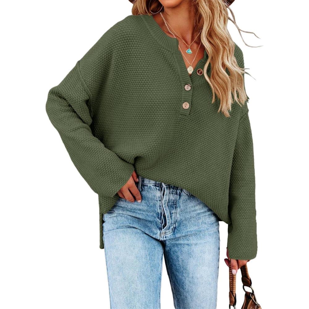 imageSaodimallsu Womens Oversized Sweaters Batwing Long Sleeve Loose V Neck Button Henley Tops Pullover Knit JumperArmy Green
