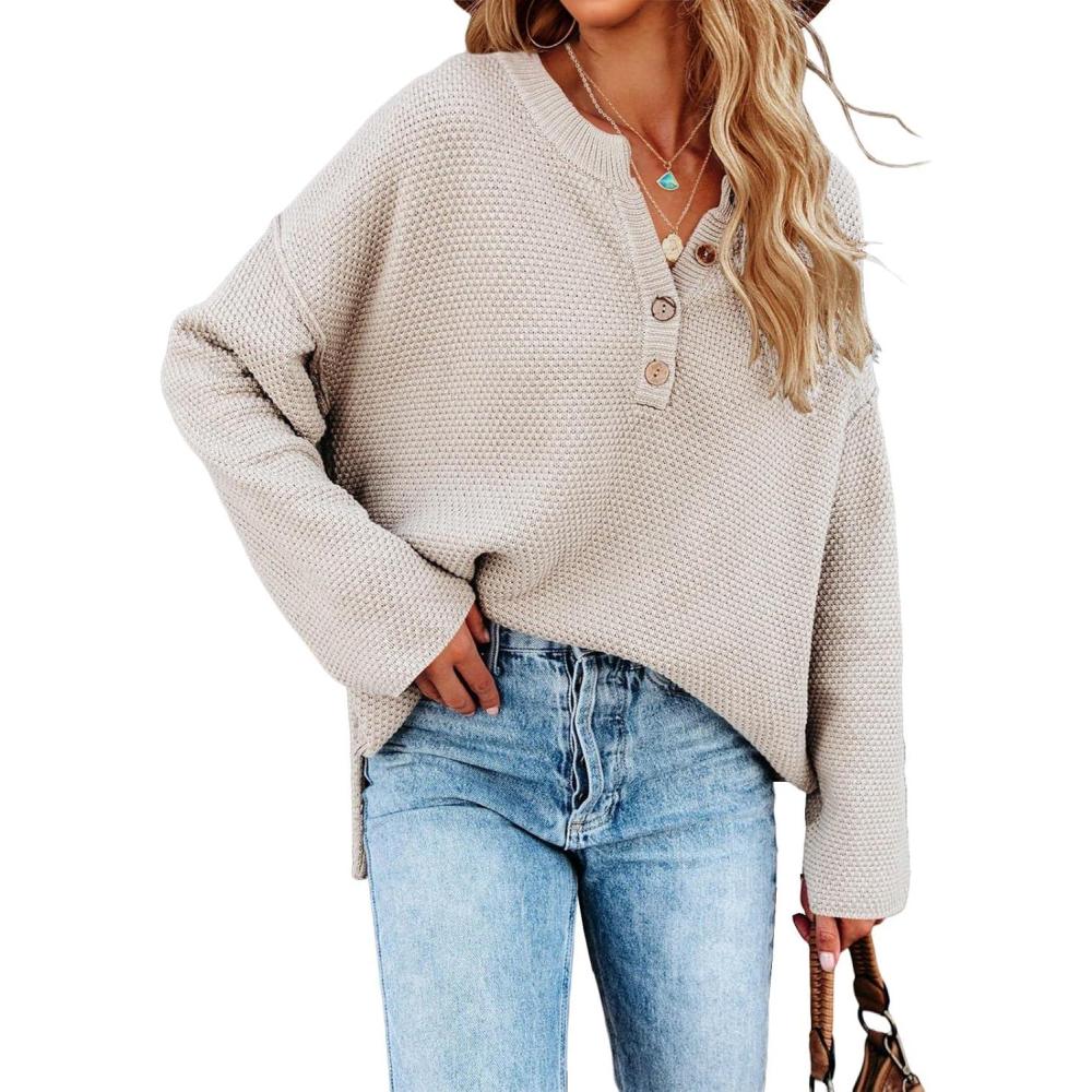 imageSaodimallsu Womens Oversized Sweaters Batwing Long Sleeve Loose V Neck Button Henley Tops Pullover Knit JumperAs Show