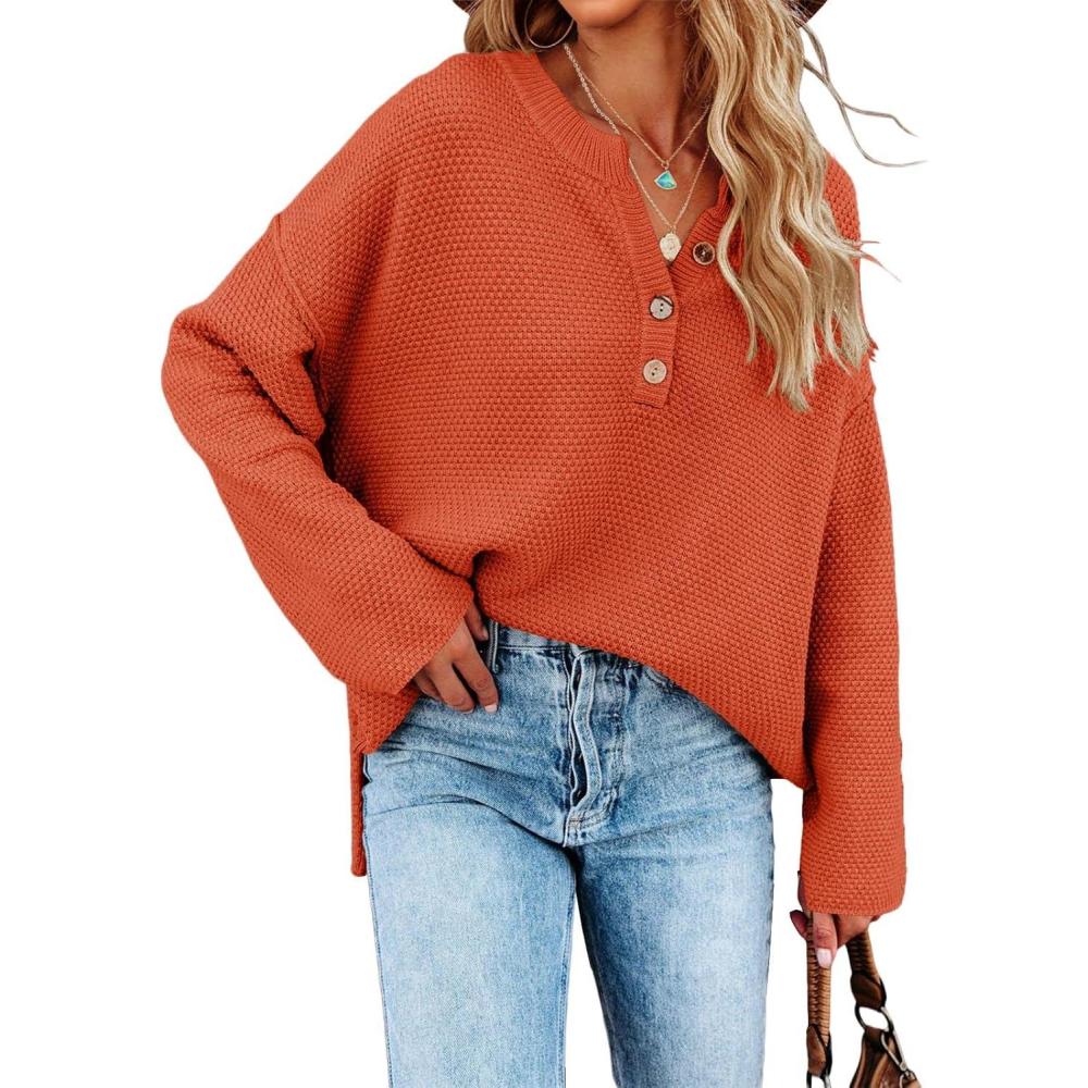 imageSaodimallsu Womens Oversized Sweaters Batwing Long Sleeve Loose V Neck Button Henley Tops Pullover Knit JumperBrick RedPumpkin Orange