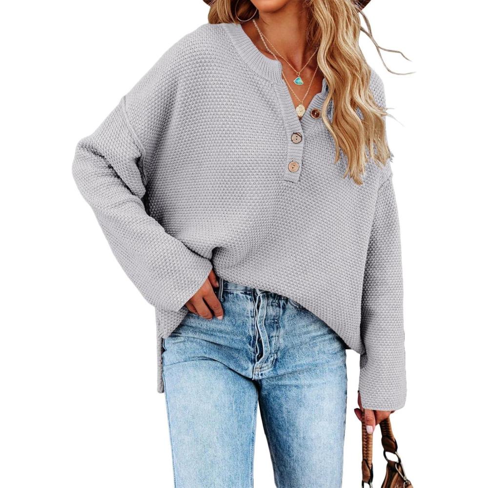 imageSaodimallsu Womens Oversized Sweaters Batwing Long Sleeve Loose V Neck Button Henley Tops Pullover Knit JumperGray