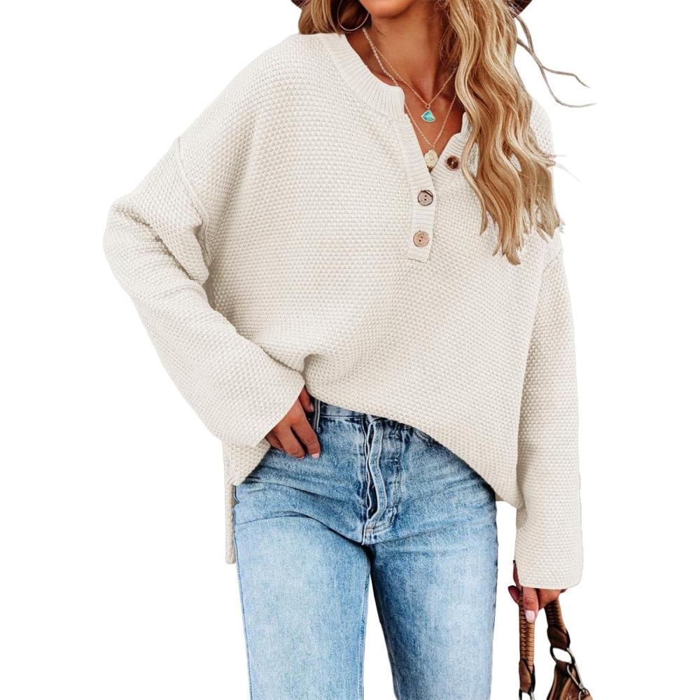 imageSaodimallsu Womens Oversized Sweaters Batwing Long Sleeve Loose V Neck Button Henley Tops Pullover Knit JumperWhite