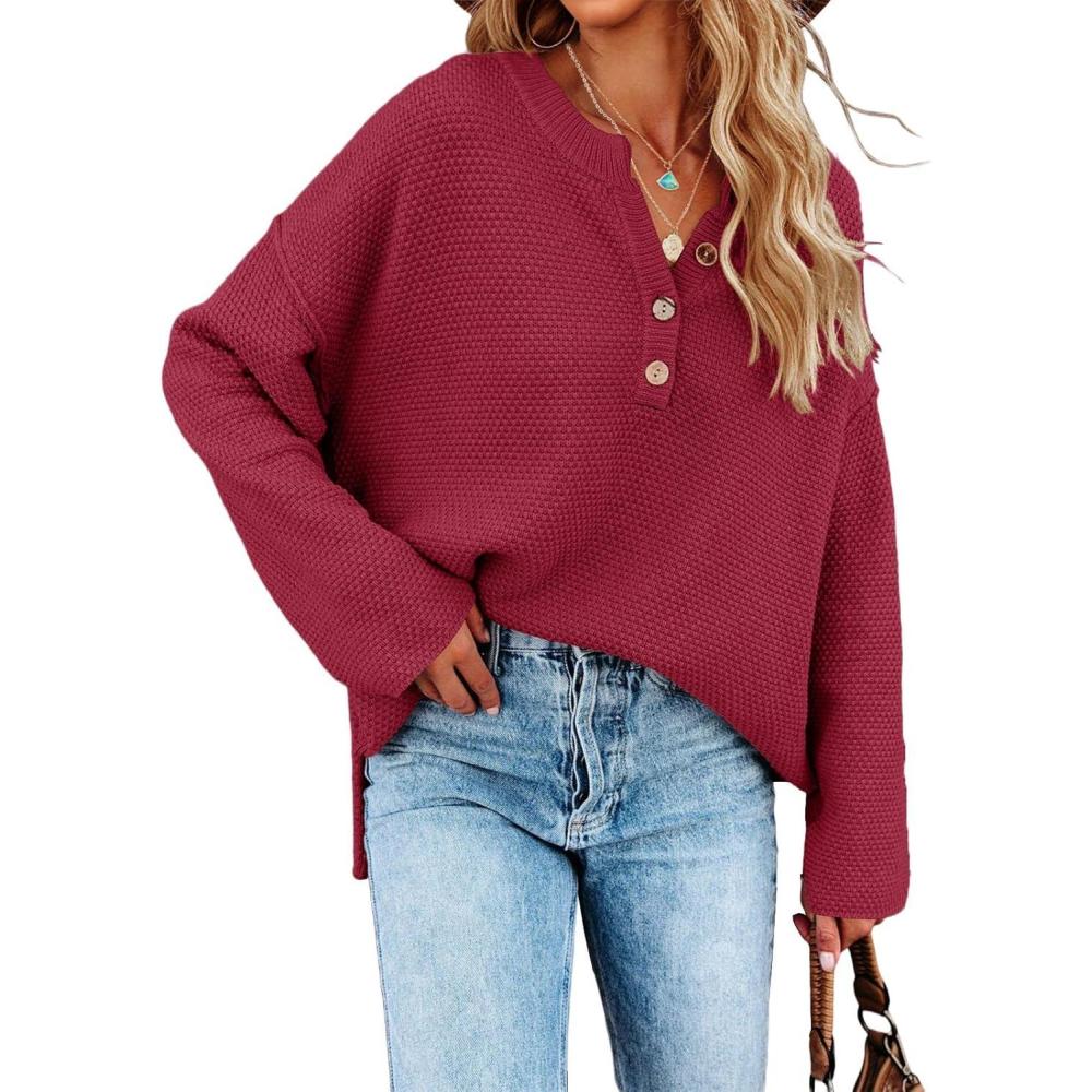 imageSaodimallsu Womens Oversized Sweaters Batwing Long Sleeve Loose V Neck Button Henley Tops Pullover Knit JumperWine Red