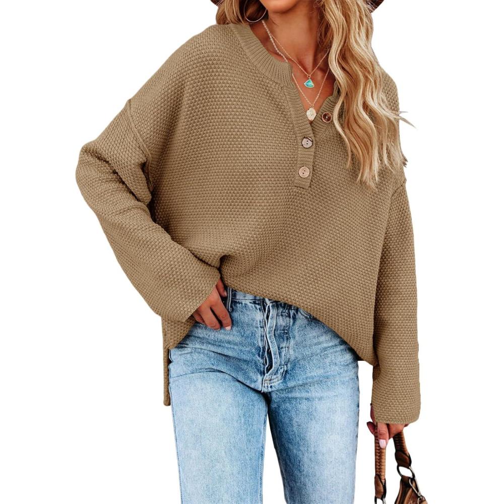 imageSaodimallsu Womens Oversized Sweaters Batwing Long Sleeve Loose V Neck Button Henley Tops Pullover Knit JumperZ1 Dark Khaki