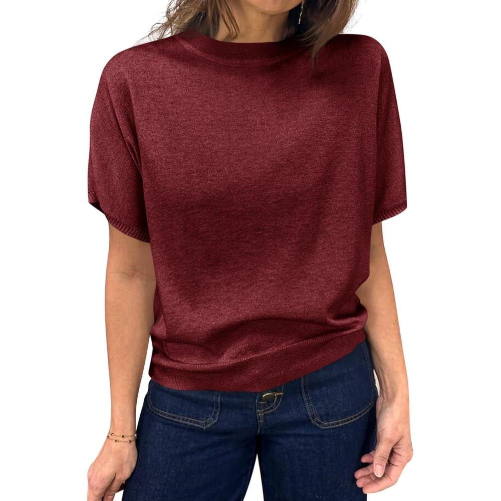 imageSaodimallsu Womens Short Sleeve Sweater Casual Basic Crew Neck Loose Knit Pullover Tops Summer Lightweight BlousesBurgundy